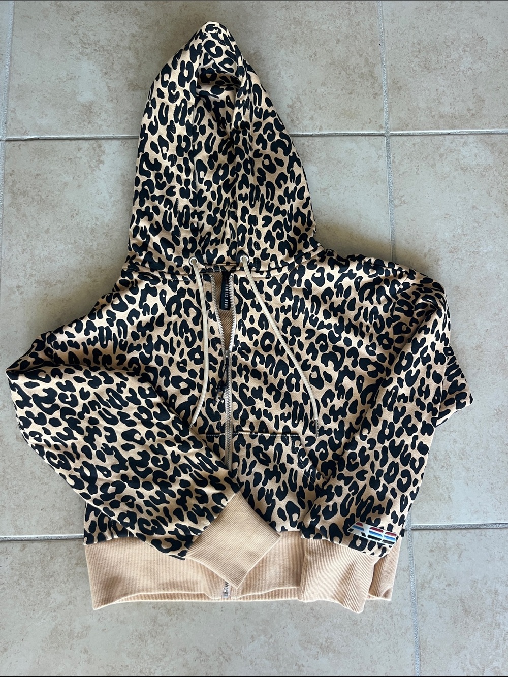 XS Leopard Print Hooded Zip-Up Sweatshirt - Tan & Black